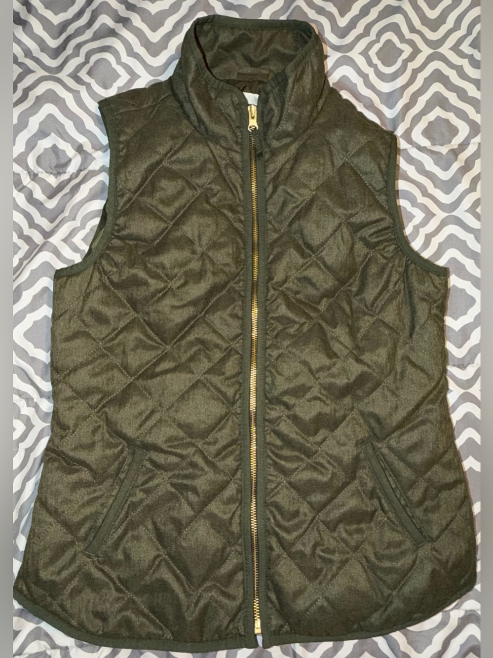 Quilted Olive Green Puffer Vest with Gold Zip
